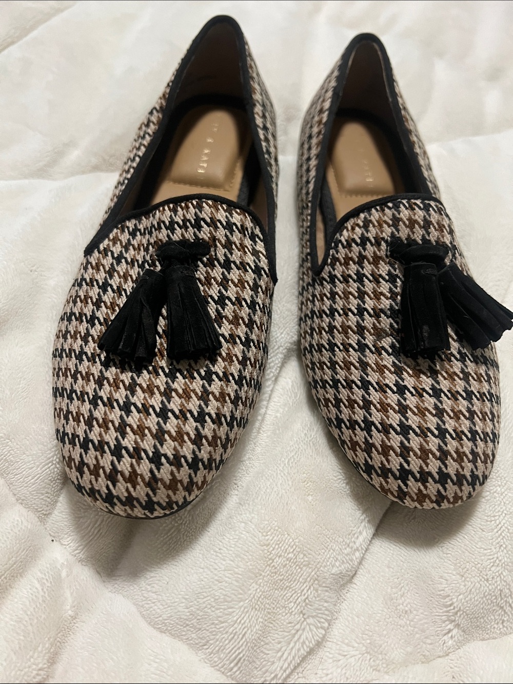 Tassel Houndstooth Loafers - Beige/Black